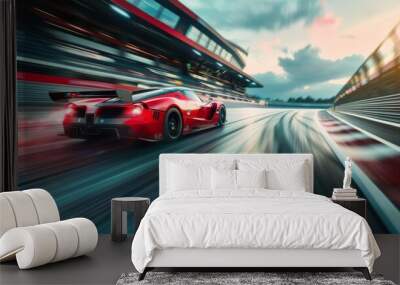 Race car speeding on track with motion blur to showcase dynamic performance and competition. Speed and motion in high - performance motorsports Wall mural